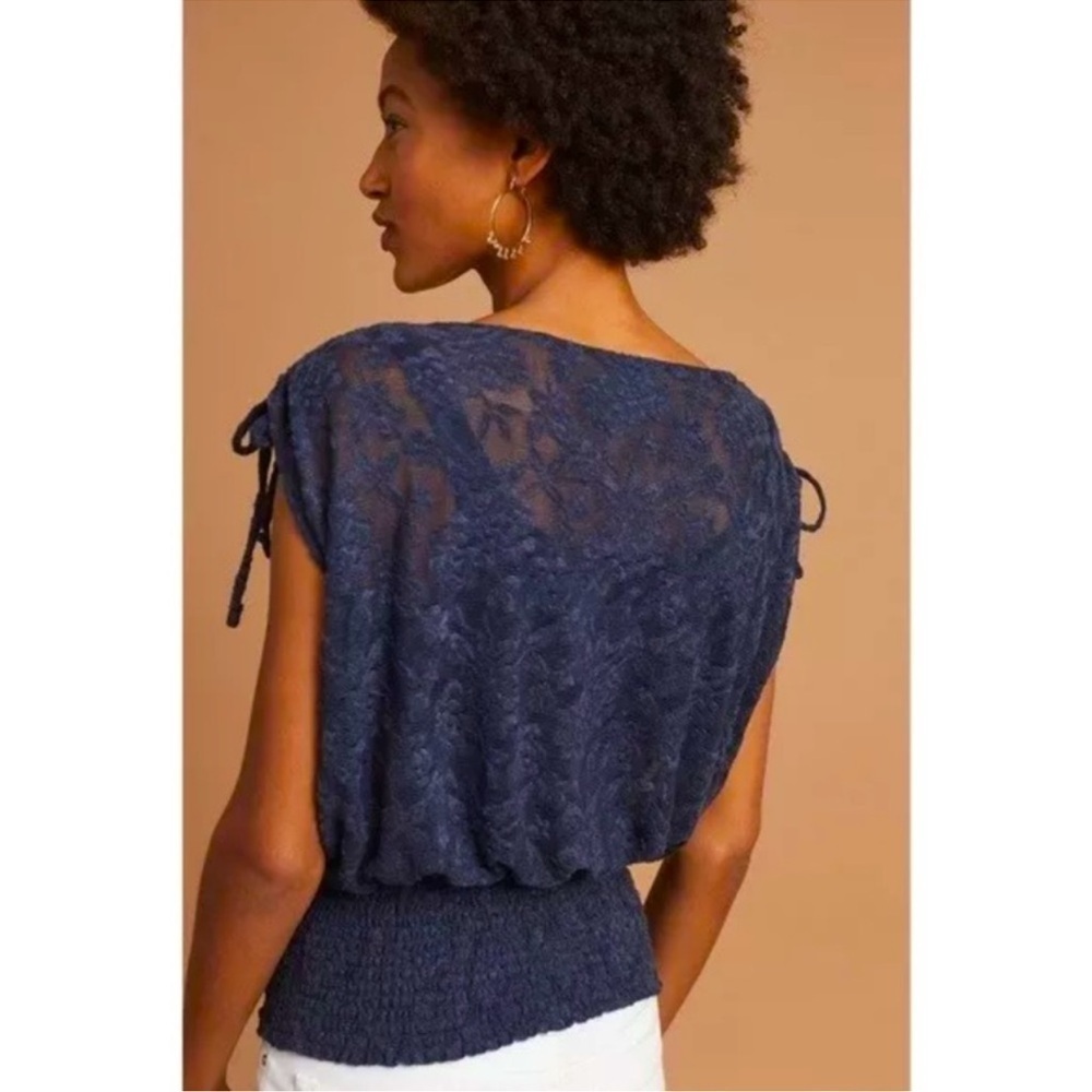 NWT Anthropologie Deletta Navy Blue Loretta Knit Lace Mesh Sheer Banded Hem Top - Picture 2 of 10